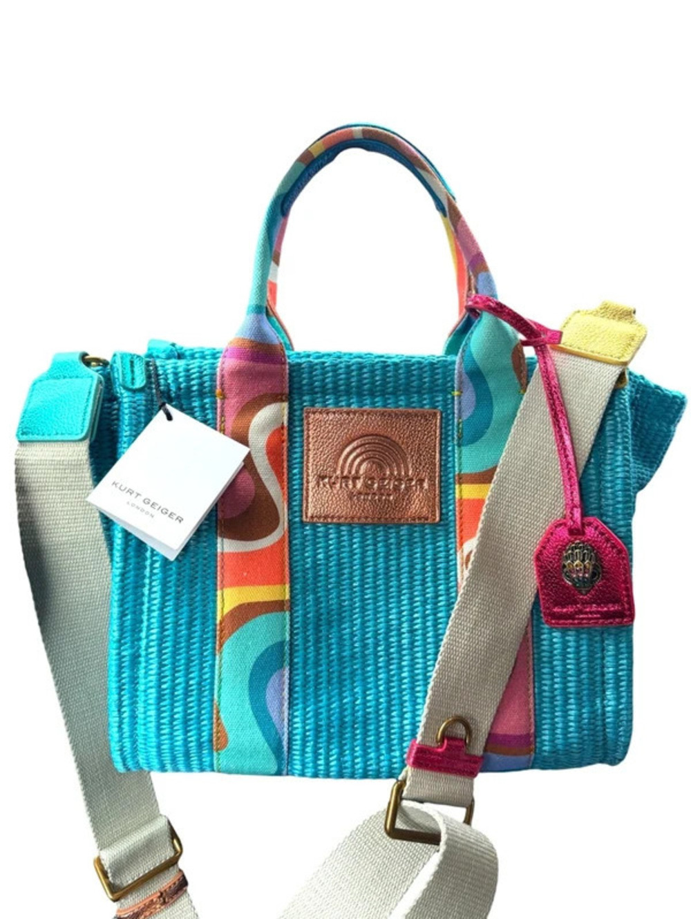 Kurt Geiger, turquoise straw, colorful bag with Crossbody strap new with tags